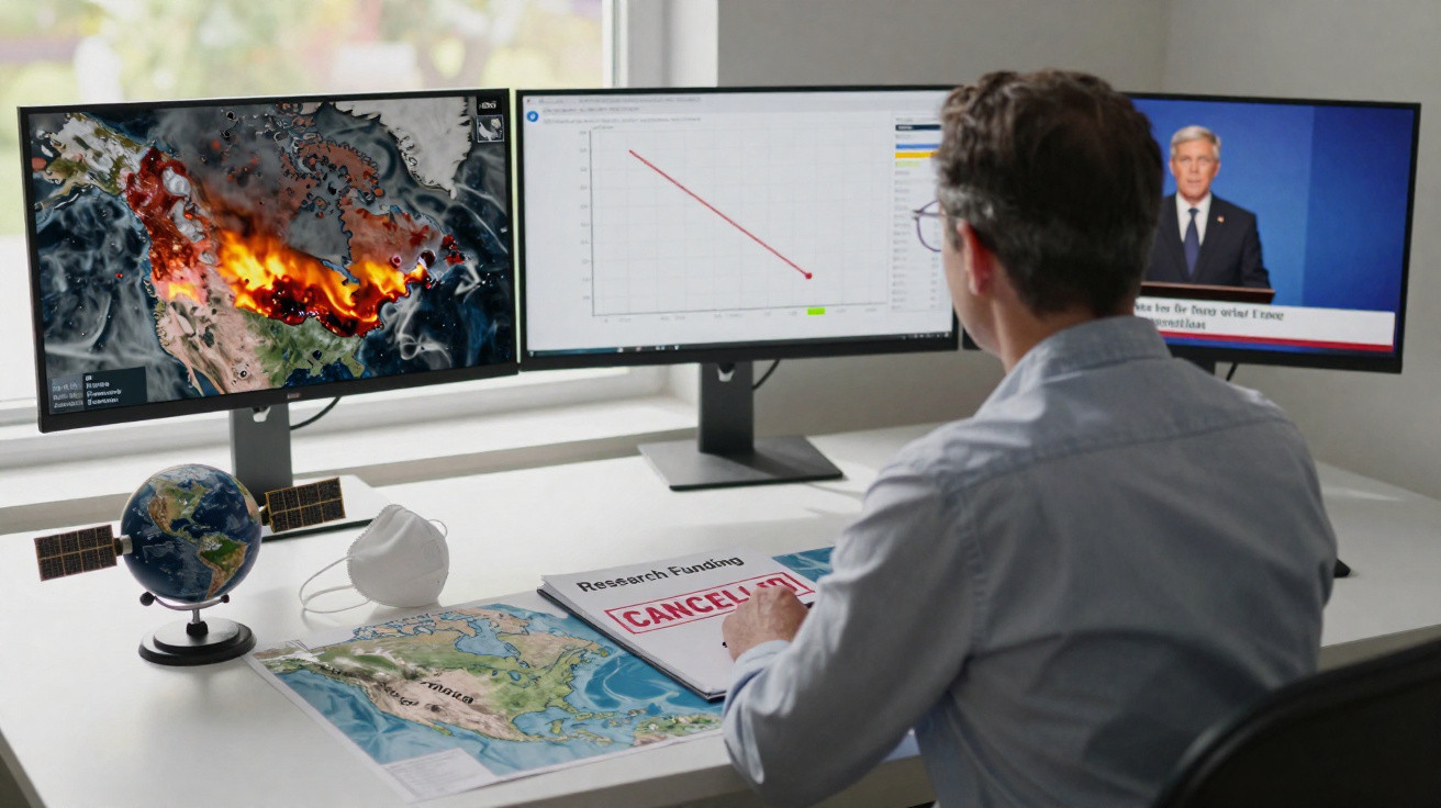 Mann vor drei Monitoren mit Umweltbildern, Diagramm und Nachricht, Schreibtisch mit Globus, Maske und Landkarte.
