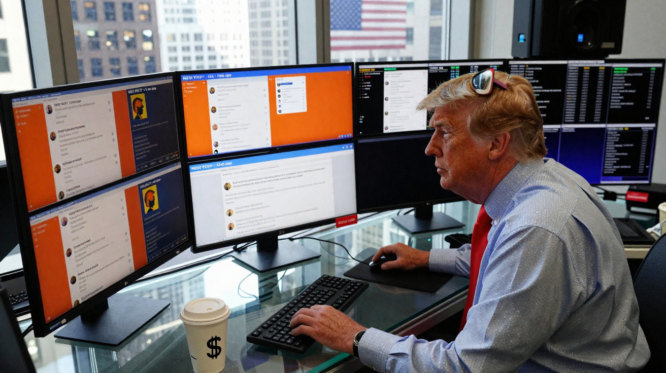 Mann mit roter Krawatte arbeitet an sechs Computermonitoren in Büro mit Stadtblick und amerikanischer Flagge.