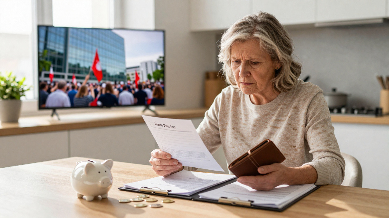 Ältere Frau prüft besorgt Pensionsunterlagen am Küchentisch mit Fernseher im Hintergrund.