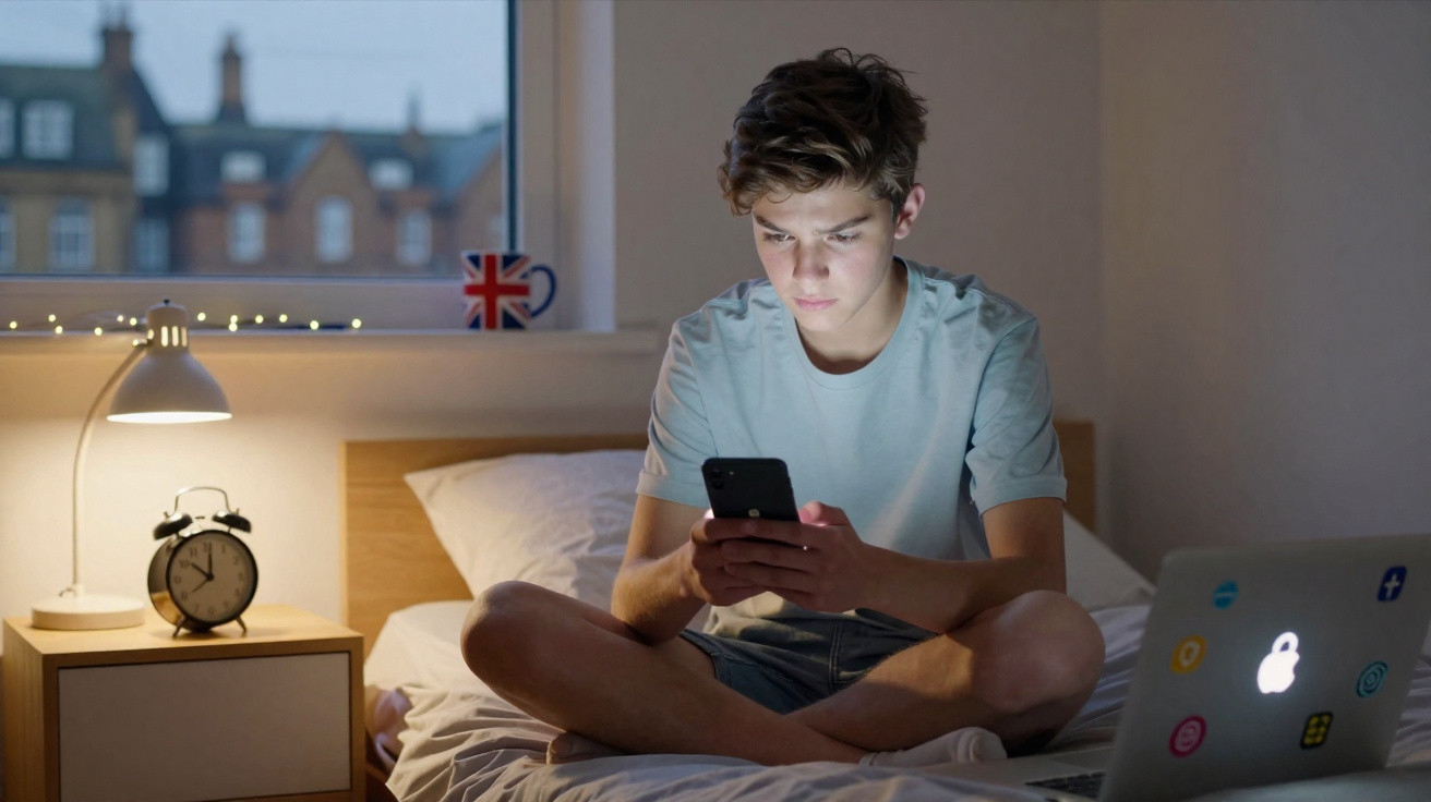 Teenager sitzt abends im Bett und schaut konzentriert auf sein Smartphone, Laptop mit Aufklebern neben ihm.