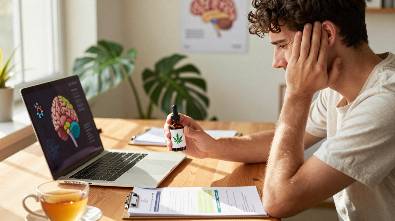 Mann hält Flasche mit Cannabis-Extrakt vor Laptop mit Gehirngrafik am Holztisch.