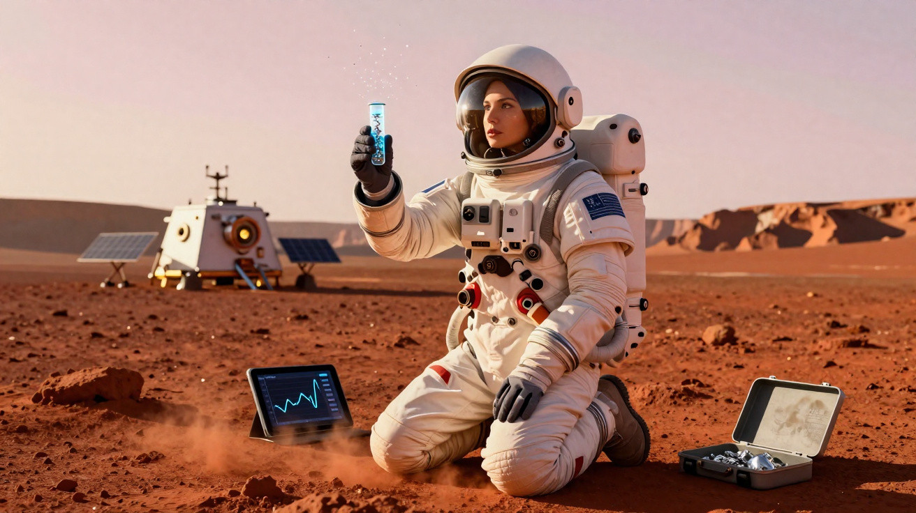 Astronautin kniet auf Marsboden und untersucht eine Probe in einem Reagenzglas mit Geräten im Hintergrund.