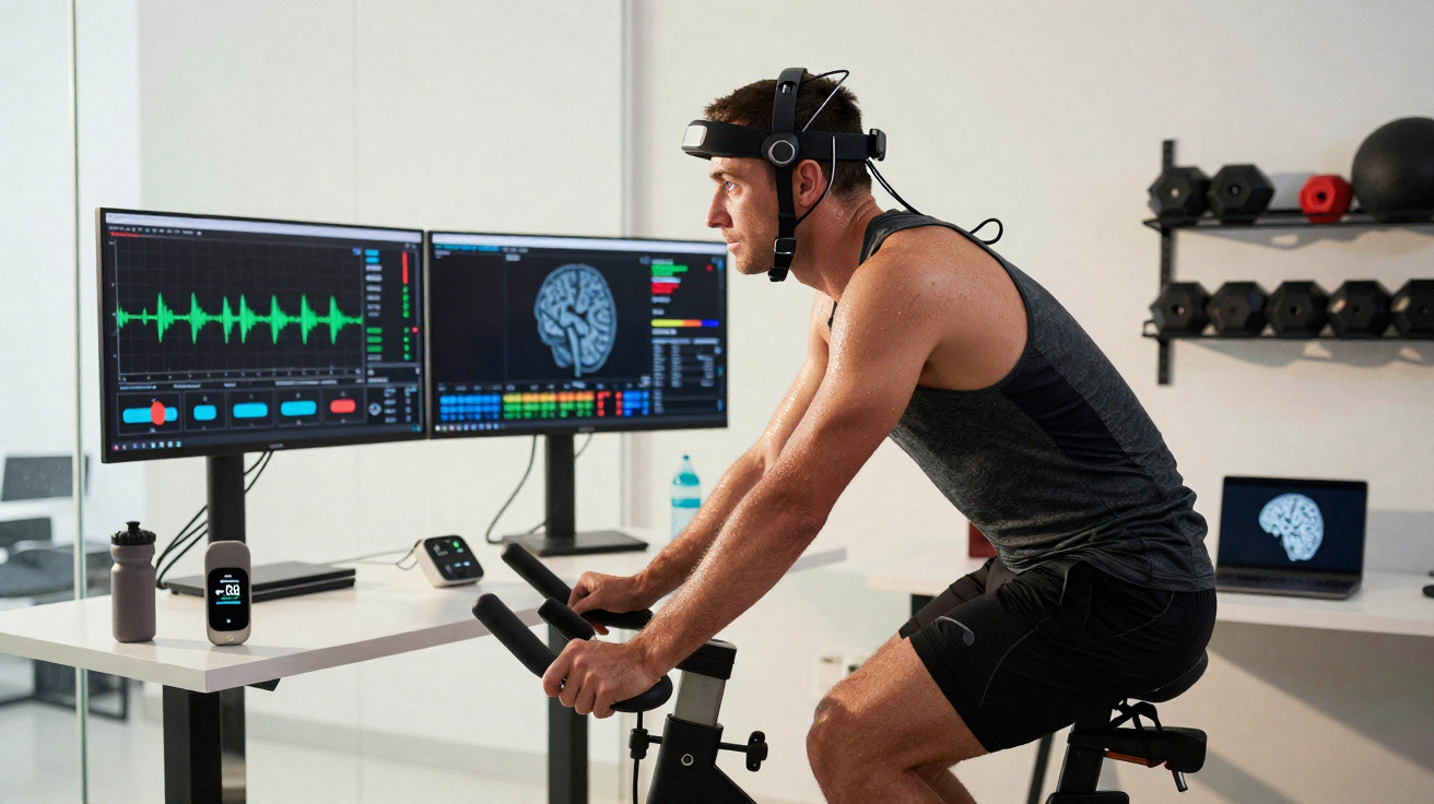 Mann trainiert auf Heimtrainer mit Neurofeedback-Headset vor Monitoren mit Gehirn- und Herzdaten.