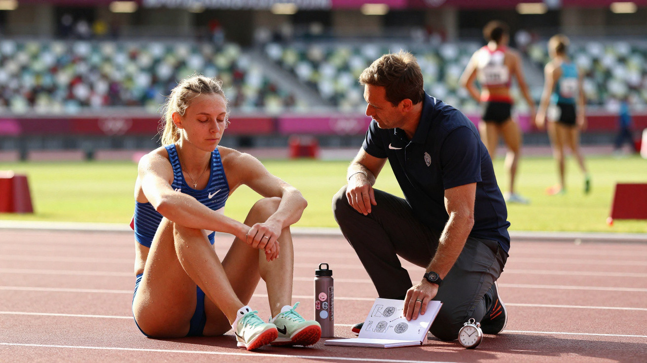 Leichtathletin sitzt erschöpft auf der Laufbahn, Trainer bespricht taktische Unterlagen neben ihr.