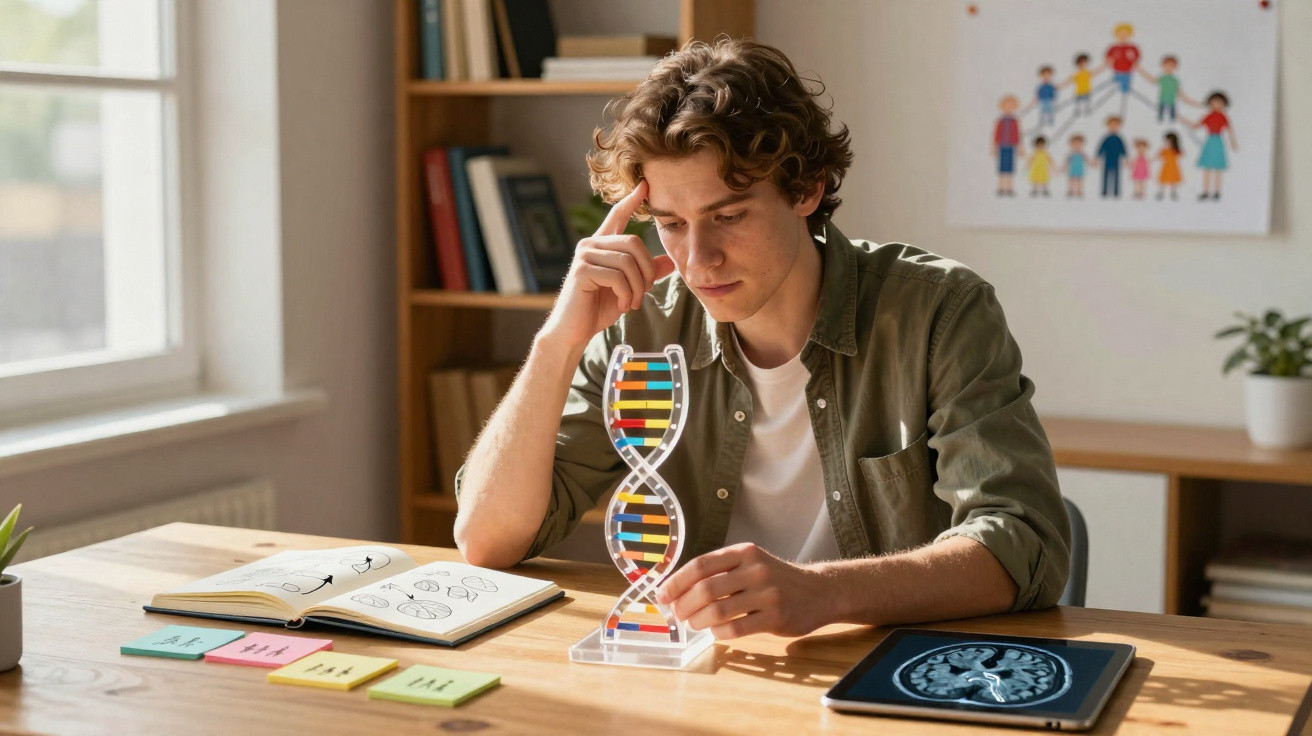 Junger Mann analysiert ein DNA-Modell am Schreibtisch mit Büchern und einem Gehirn-Scan auf einem Tablet.