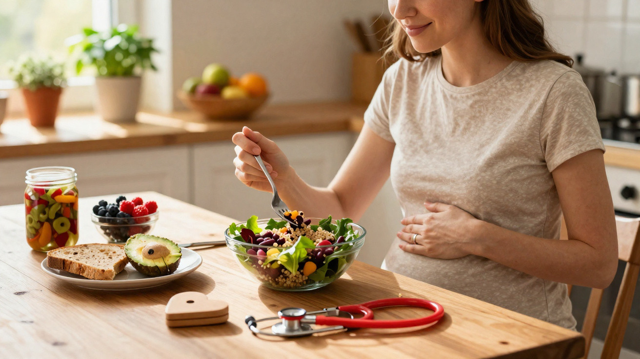 Schwangere Frau isst gesunden Salat in der Küche, mit Stethoskop und Obst auf dem Holztisch.